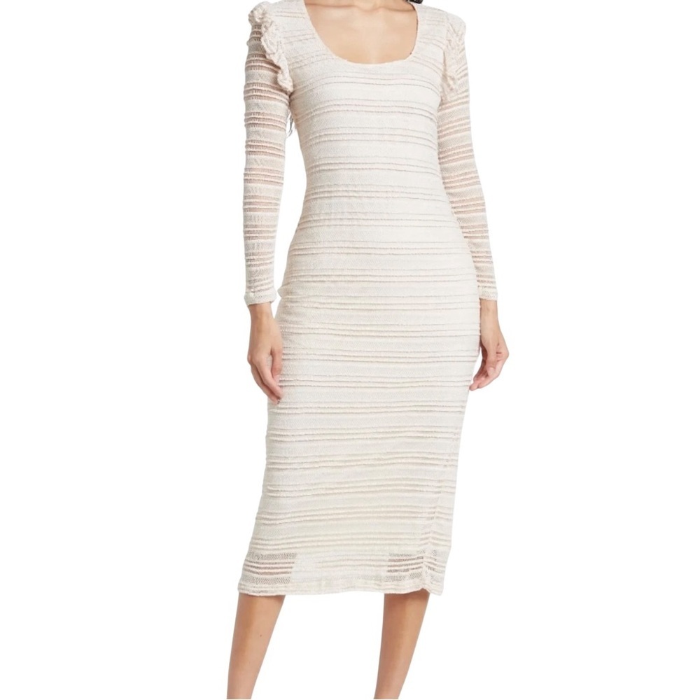 dRA Los Angeles Cream Beige Crochet Striped Midi Dress Ruffle Sleeves Large
